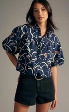 Maeve Anthropologie Zooey Bubble-Sleeve Blouse MEDIUM Navy Floral Cotton Floral picture