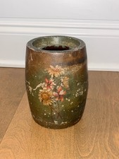 Stoneware Primitive 19th Century Jar: Dark Green Finish W/ Floral Painting picture