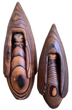 Vintage Japanese Style Carved Wood Female Figures Pair Shou Sugi Ban Folk Art picture