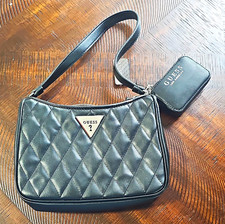 GUESS Black Quilted Shoulder Bag Zip Pouch Lined Inner Pockets Silver Hardware picture