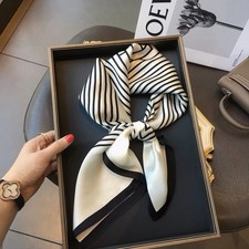 100% Mulberry Silk Scarf Women 68x68 cm White Black Stripe Square Neck Hair picture