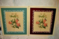 Cottagecore Roses Floral Prints Reverse Painted Glass Mats Creamy Wood 1930s Lg picture