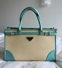 PRADA Beige/Blue Small Tote Bag Double Handles Adjustable Detachable Strap Gold picture