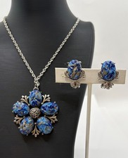 Vintage Blue Gold Fleck Textured Cabochon Necklace Clip Earrings Set  picture