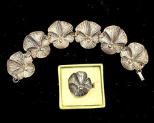 Sterling Silver Pansy Link Bracelet + Matching Ring Vintage c.1940's or earlier picture