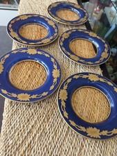 Antique Bohemian Gold Gilt Enameled Colbalt Cased Glass Plates Set 5 Hand Paint picture