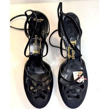 Vintage 1940s 1950s Troylings Seymour Troy Black Suede Ankle Tie Heels 8/8.5 picture