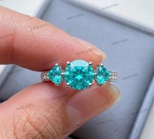 Three Stone Paraiba Tourmaline Ring 925 Sterling Silver Gift For Her Ring. picture