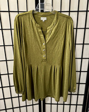 Wonderly Women’s Green Solid Knit Split Neck Pullover Button Pleated Tunic XL picture