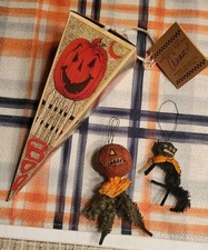 Lot Of 3  Halloween Decorations - Candy box and Vintage Primitive ornaments picture