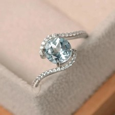 1.74Ct Round Cut Natural Aquamarine Diamond Anniversary Ring 14K White Gold picture