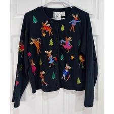 Vintage Michael Simon Lite Womens L Christmas Cardigan Embroidered Reindeer picture