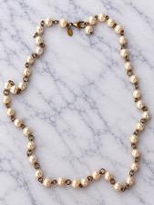 Vintage Long Faux Pearl & Gold Tone Link Necklace picture