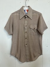 Vintage 70s Mens Shirt Brown Micro Check Big Collar Disco Western Short Sleeve picture