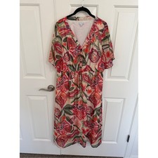 Baltic Born XL Floral Maxi Dress Button Front Drawstring Waist Pockets Boho Red picture