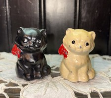 Vtg 1930’s Black Cat White Kitten Red Bow Salt & Pepper Shaker Set With Corks picture