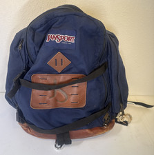 Vintage Jansport USA MADE Super Sack Canvas Leather Backpack Navy Blue 90s picture