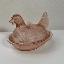Pink Hen on Nest Indiana Glass Beaded Rim Candy Dish 7 Inch Depression Glass picture