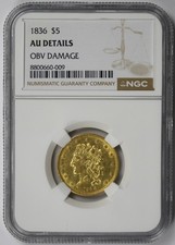 1836 Classic Head Gold $5 Half Eagle NGC AU Details Obv Damage picture