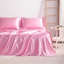 4 Pcs Lustrous Satin Silk Sheet Set Deep Pocket Bed Sheet Wrinkle Fade Resistant picture