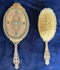 E&JB Matching Antique Green Jeweled Hand Mirror & Brush Set Gold Gilt Metal picture