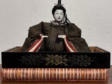 Vintage Japanese Hina Ningyo Emperor Doll Gofun Face Silk Kimono Lacquer Box picture