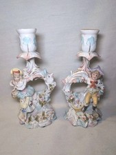 2x Vintage Dresden Style Porcelain Figural Candlestick Holders 7.5