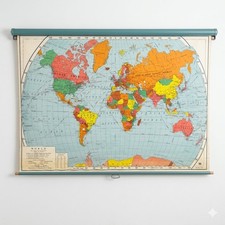 VTG 1964 Nystrom F98 World Map Spring Roller Holder Pull Down Wall Art Complete picture