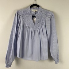 Joie Blouse S Blue White Stripe Smocked Bib Ruffle Neck Long Cotton Blend Boho picture
