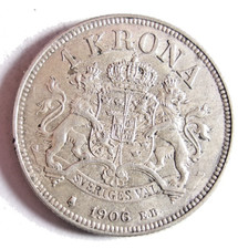 1906 SWEDEN KRONA - AU/UNC - Great Rare Silver Coin -  - Bin #330 picture