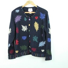 Vintage 90s Quirky Cardigan Novelty Leaf Artsy Cozy Cottagecore Embroidered S picture