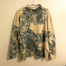 J. Jill Women’s XL Beige Blue Floral Mock Neck Knit Pullover Sweater  picture