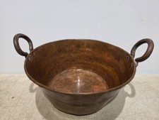 Large Antique Hand Hammered Copper Cauldron Kettle with Double Handles picture