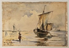 c. 1900 Antique Original Watercolor Coastal Fishing Boat Maritime Scene picture