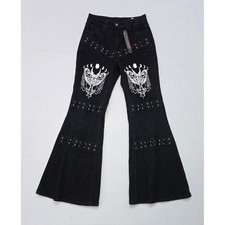 Romwe Womens Black Moth Moon Phase Lace Up Flare Jeans Gothic Alt Bell Bottom L picture