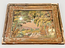 1880s Victorian Needlepoint Farm Sheep Herder Scene Landscape Gold Frame 18x21 picture