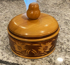 Vintage Hand Crafted Brown Wooden Trinket Box with Lid, Floral Pattern, Glossy picture