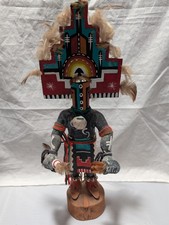 Vitg 1970s Navajo Kachina Doll Tableta Headdress, HandPainted Wood, Feathers 20