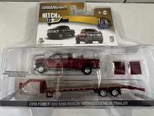 1:64 Greenlight 2018 Ford F-350 King Ranch Red Chrome Dually & Gooseneck Trailer picture