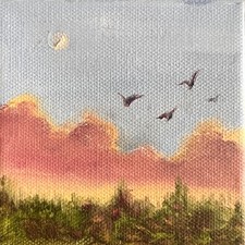 Sophie Dare Original Art, 4x4x1.5 Bird Oil painting Flock 2 w/ ribbon picture