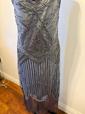 Flapper dress Gray Beaded Sequin Fringe Mesh V-Neck Sleeveless Midi Dress L picture
