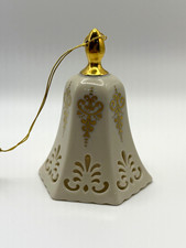 Lenox 1990 Porcelain Pierced Christmas Bell Ornament White/Gold Floral 5in picture