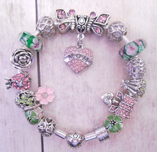 PANDORA SILVER CHARM BRACELET MOM MOTHER PINK CRYSTAL CHARMS AND GIFT BOX picture