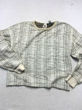 Zara Women’s M Ivory Gray Tweed Plaid Pearl Trim Round Neck Long Sleeve Blouse picture
