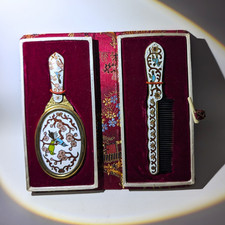 Vintage Travel Vanity Set Hand Mirror Comb Red Floral Case Collectors Statement picture