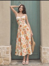 COMMENSE Ruffle Bust Floral Print Cami Midi Dress Orange Size M picture