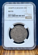 1858 PTS FJ Bolivia 4 Soles Simon Bolivar KM123.2 NGC AU53 picture