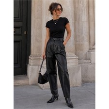Vintage Together Black Genuine Leather High Waist Pleated Tapered Pants Size 4 picture