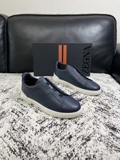 ZEGNA Triple Stitch Men Navy Leather Slip On Casual Sneakers Low Top Shoes picture