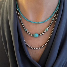 Graduated Blue Kingman Turquoise & Sterling Silver Navajo Pearl Beaded Necklace picture